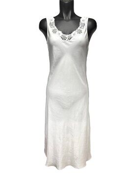 Vintage White Satin Lace Trim Semi Sheer Midi Sleeveless Slip Dress S